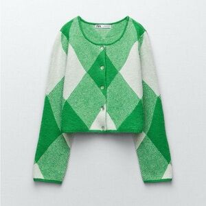 ZARA Argyle Jacquard Knit Cardigan Cropped Sweater